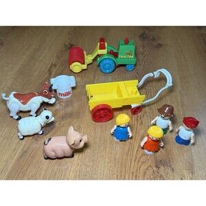 Vtg Playmates Farm Tractor Wagon Figures Animals 11pc Lot Fisher Price Style